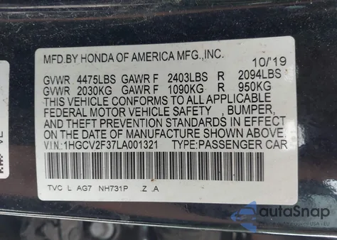 2020 Honda Accord Sport 2.0T из США, поврежденный, VIN 1HGCV2F37LA001321